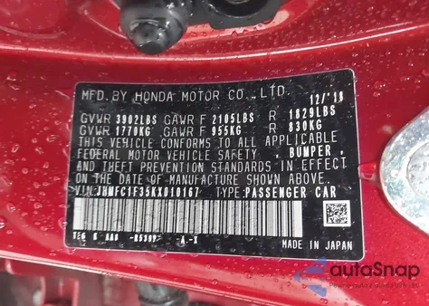 2019 Honda Civic Ex from USA, damaged, VIN JHMFC1F35KX010167